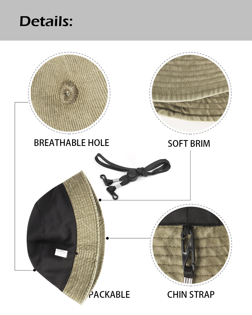 Khaki cotton washed denim bucket hat for big heads - interior sweatband detail