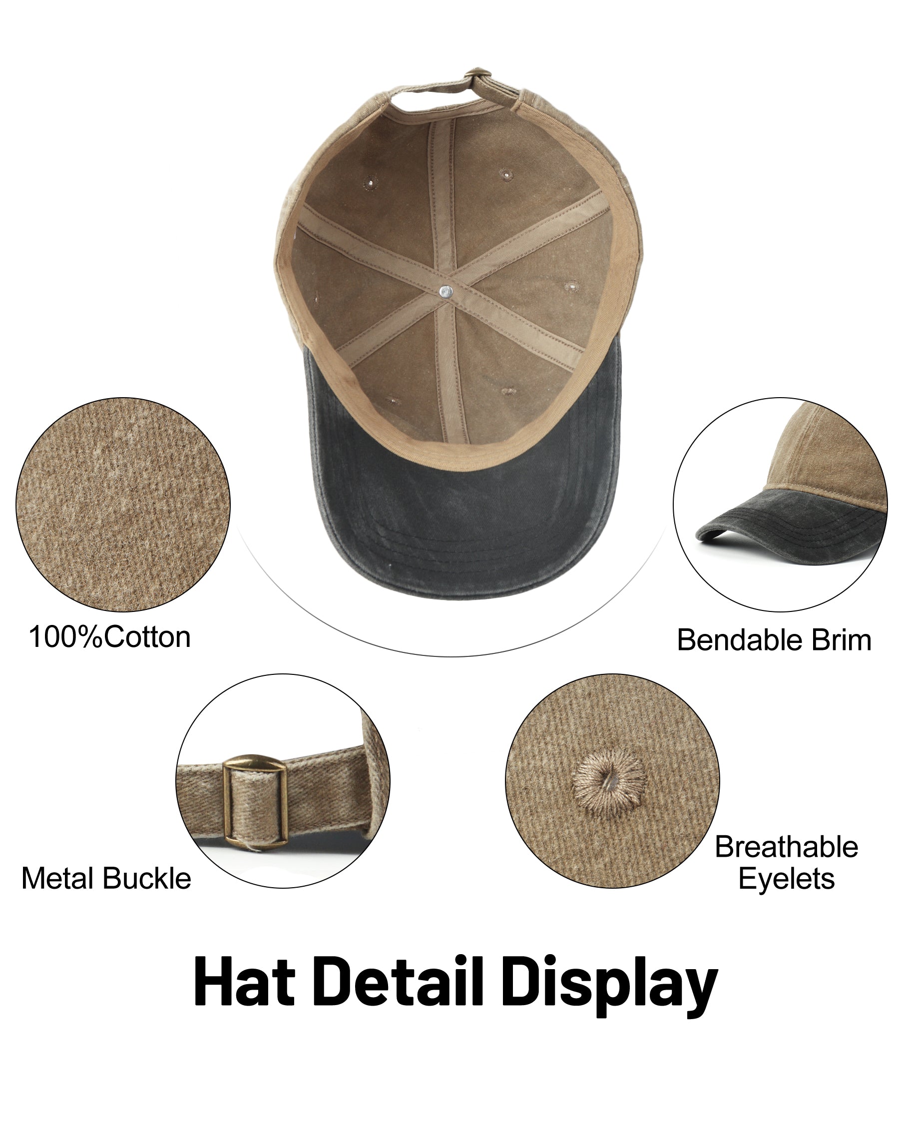 Black khaki two-tone washed low profile baseball cap for big heads - interior sweatband detail