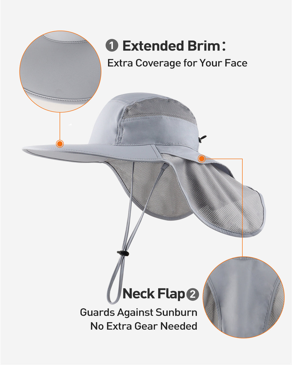 Light gray sun hat with neck flap side view showing brim coverage