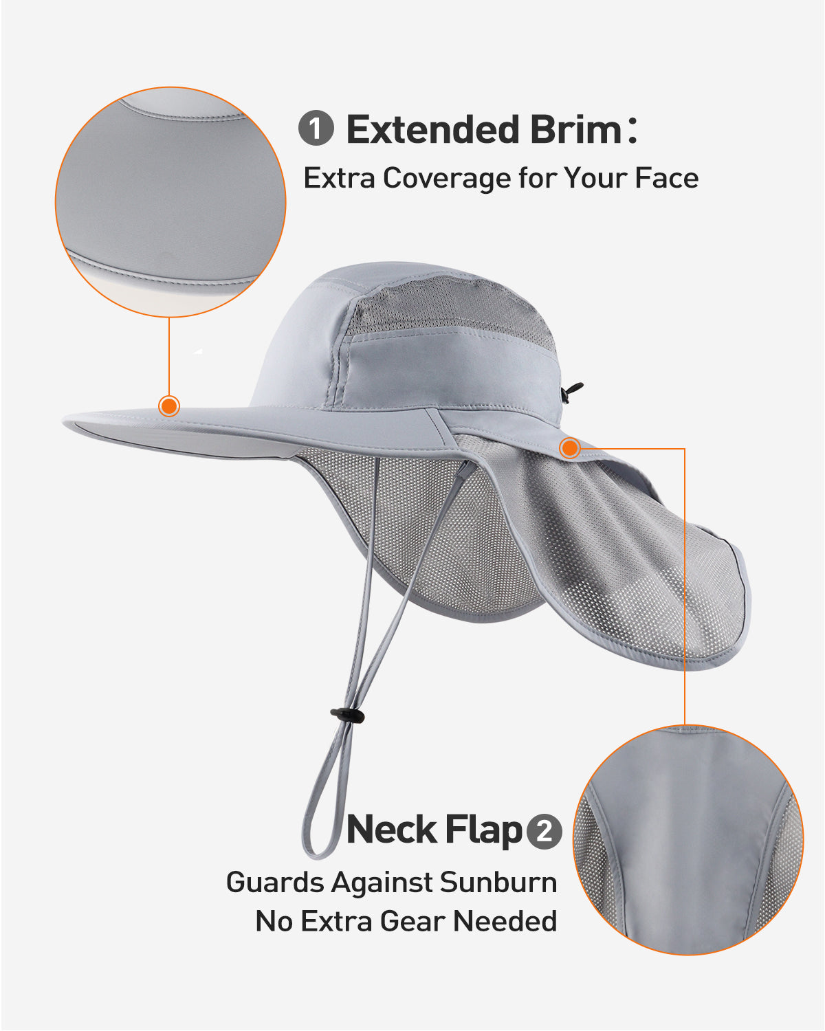 Light gray sun hat with neck flap side view showing brim coverage