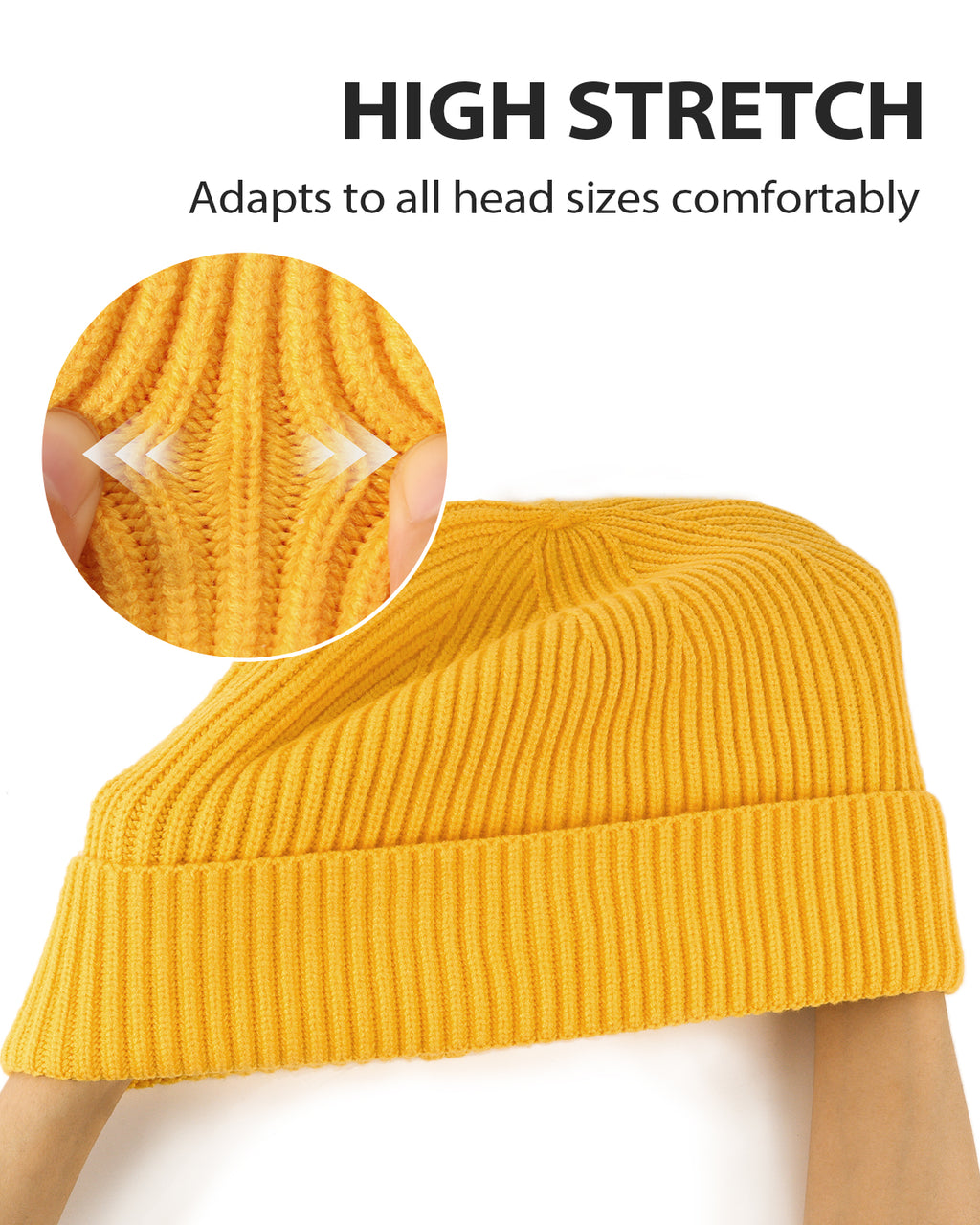 Yellow ribbed knit beanie for big heads - stretchy ribbed fabric detail