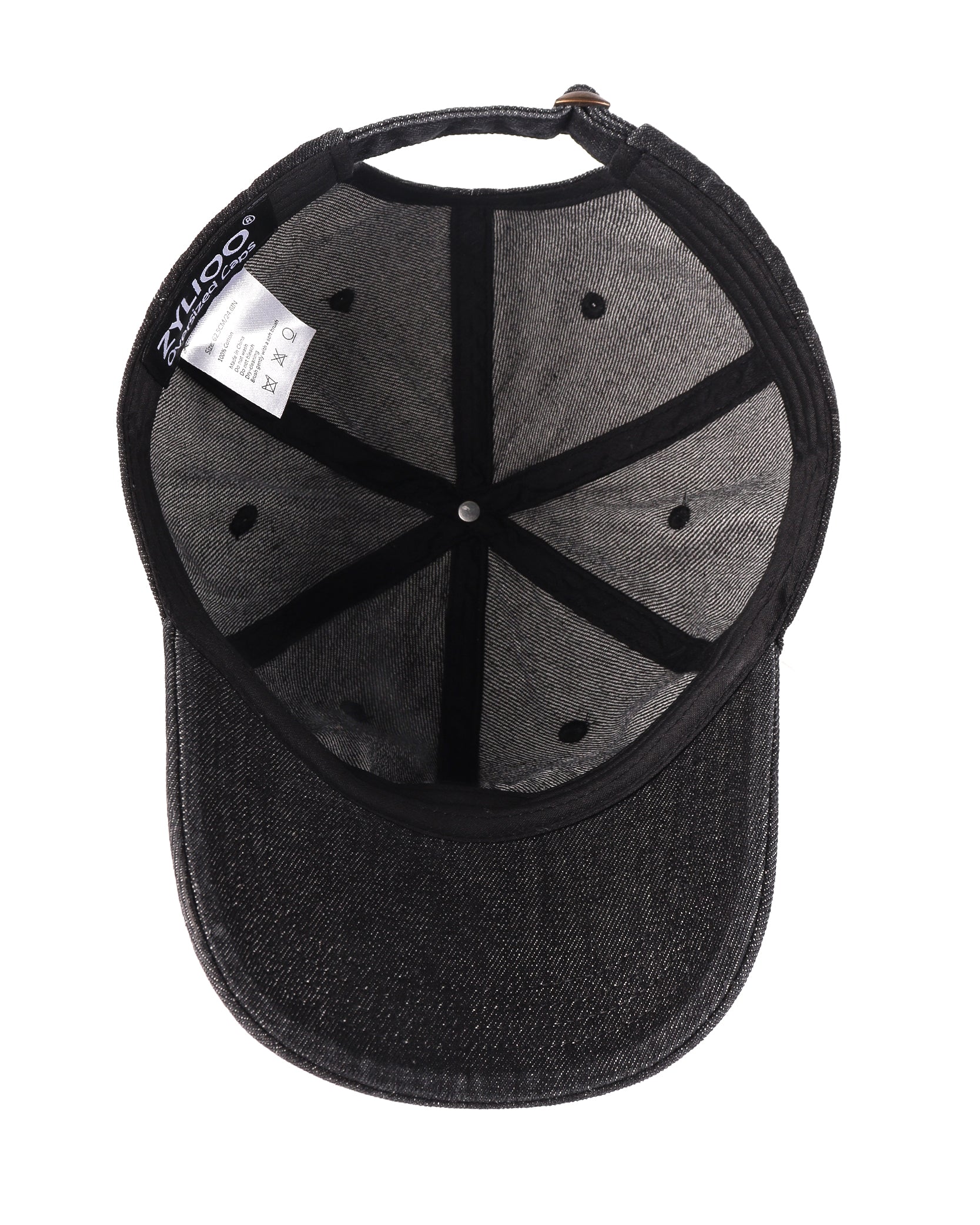 Black soft crown washed denim baseball cap for big heads - interior sweatband detail