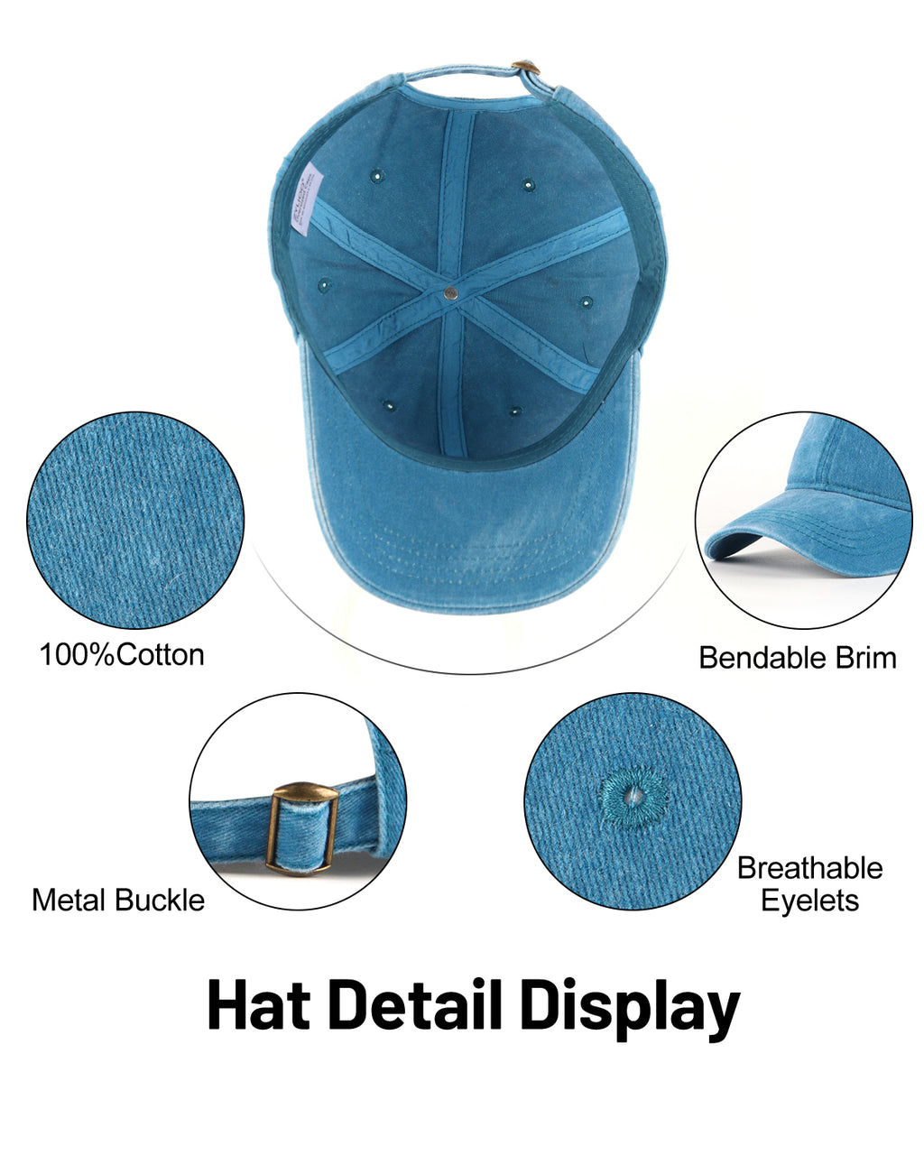 Ink blue washed denim baseball cap for big heads - interior sweatband detail