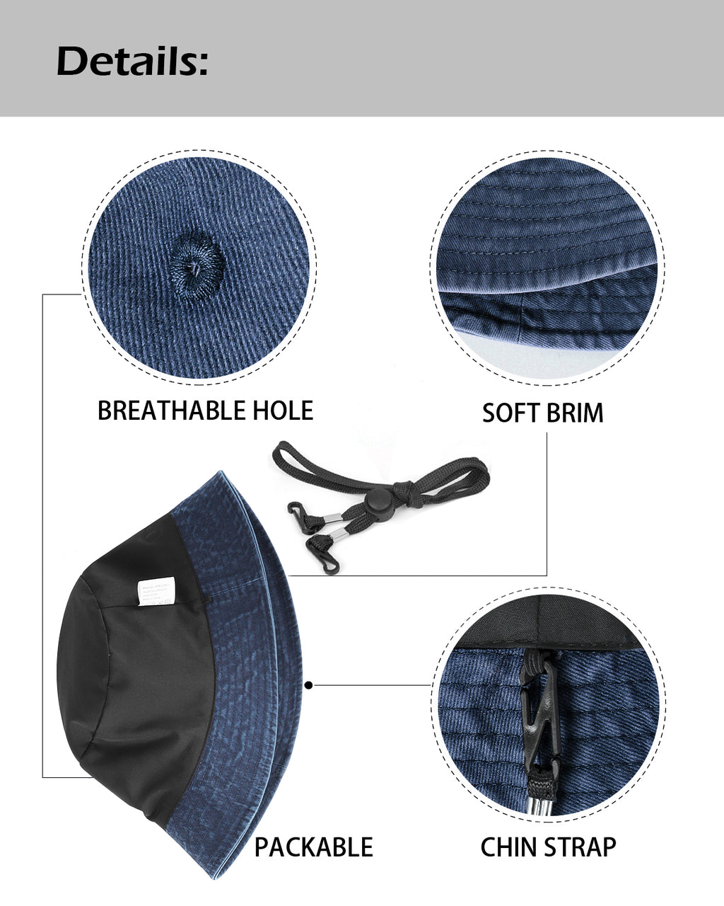 Blue cotton washed denim bucket hat for big heads - interior sweatband detail