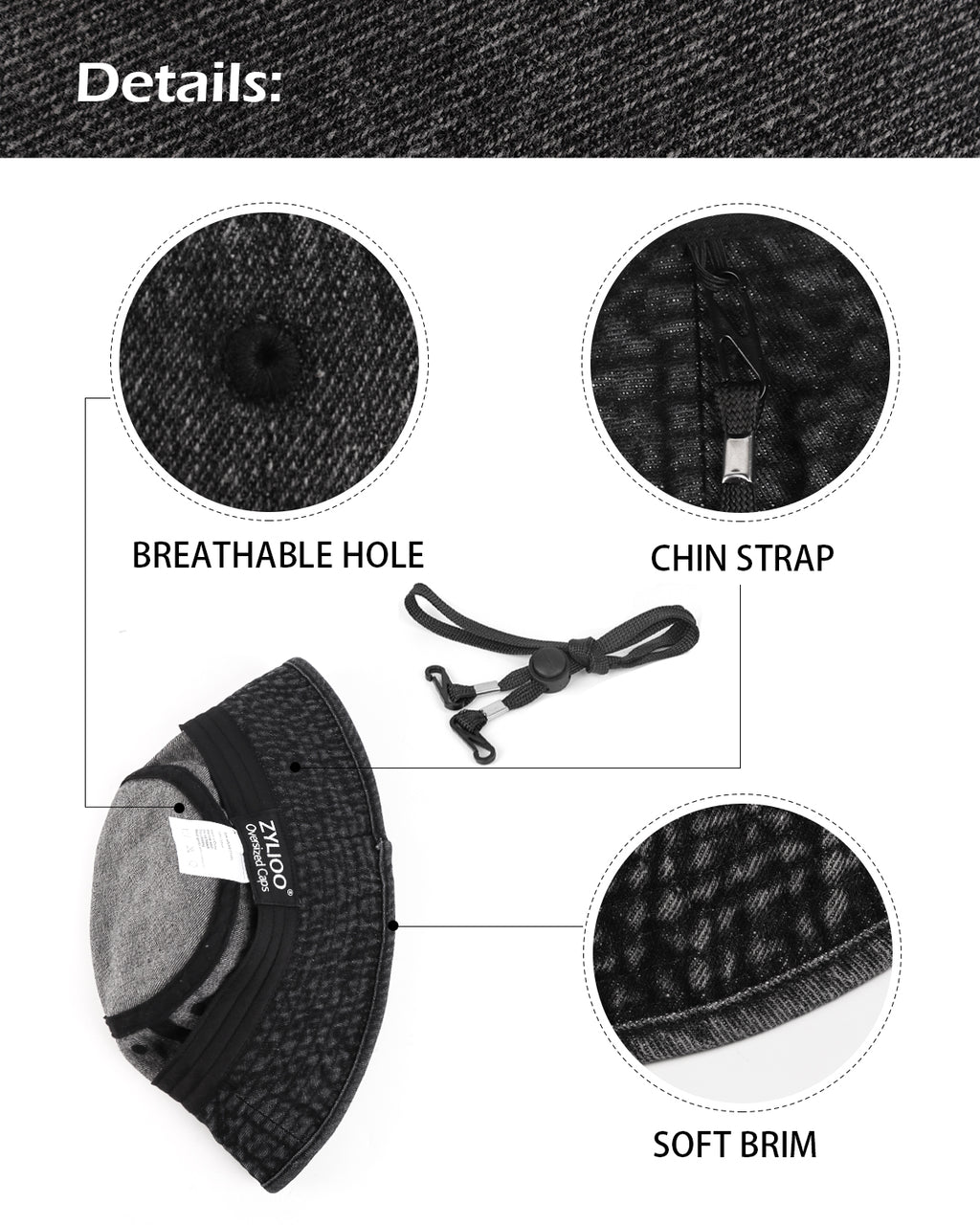 Washed denim bucket hat interior lining and construction detail in black