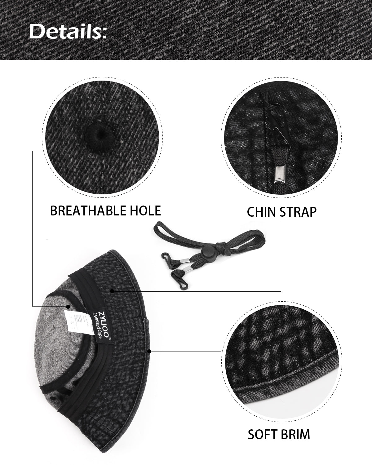 Washed denim bucket hat interior lining and construction detail in black