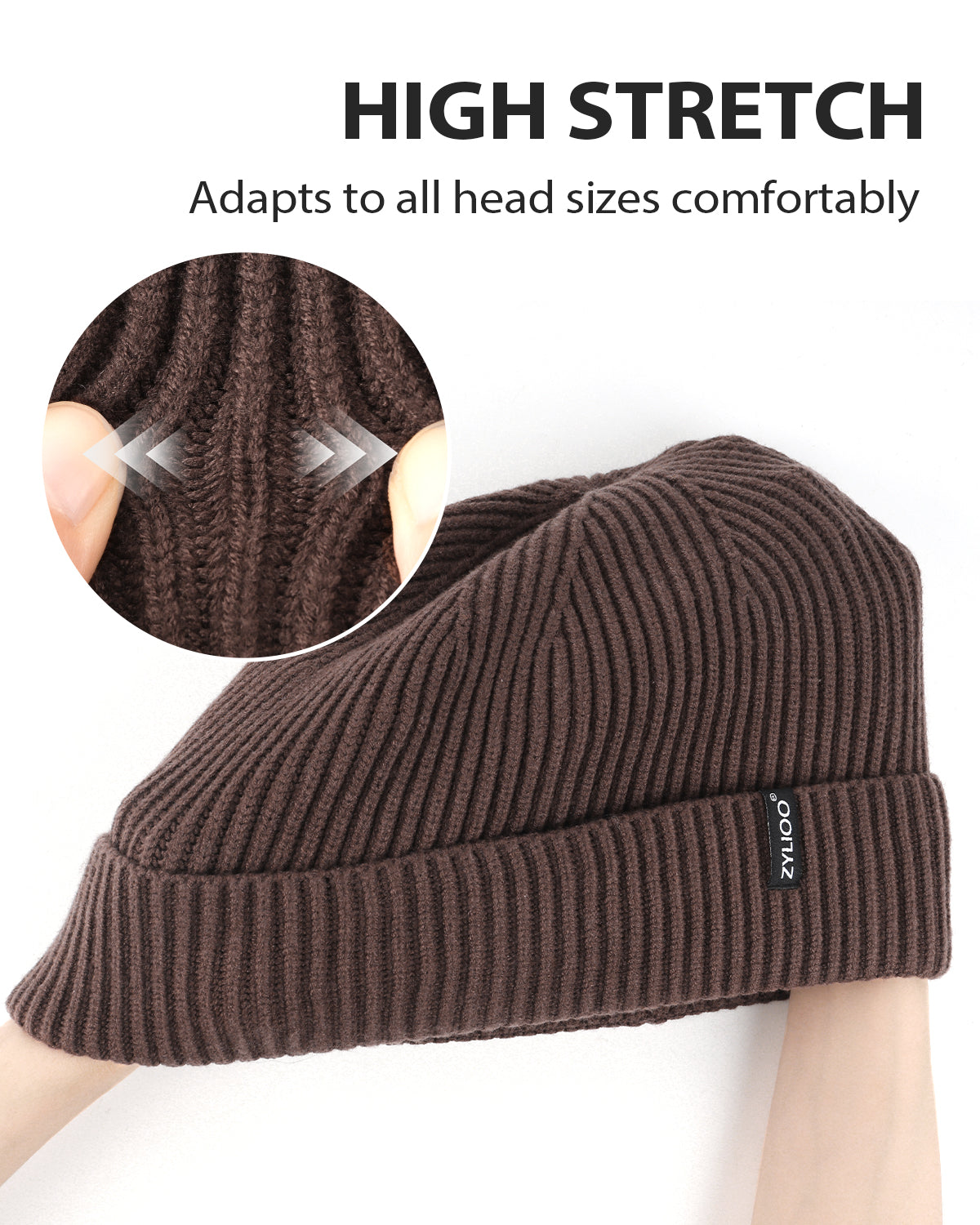Coffee ribbed knit beanie for big heads - stretchy ribbed fabric detail
