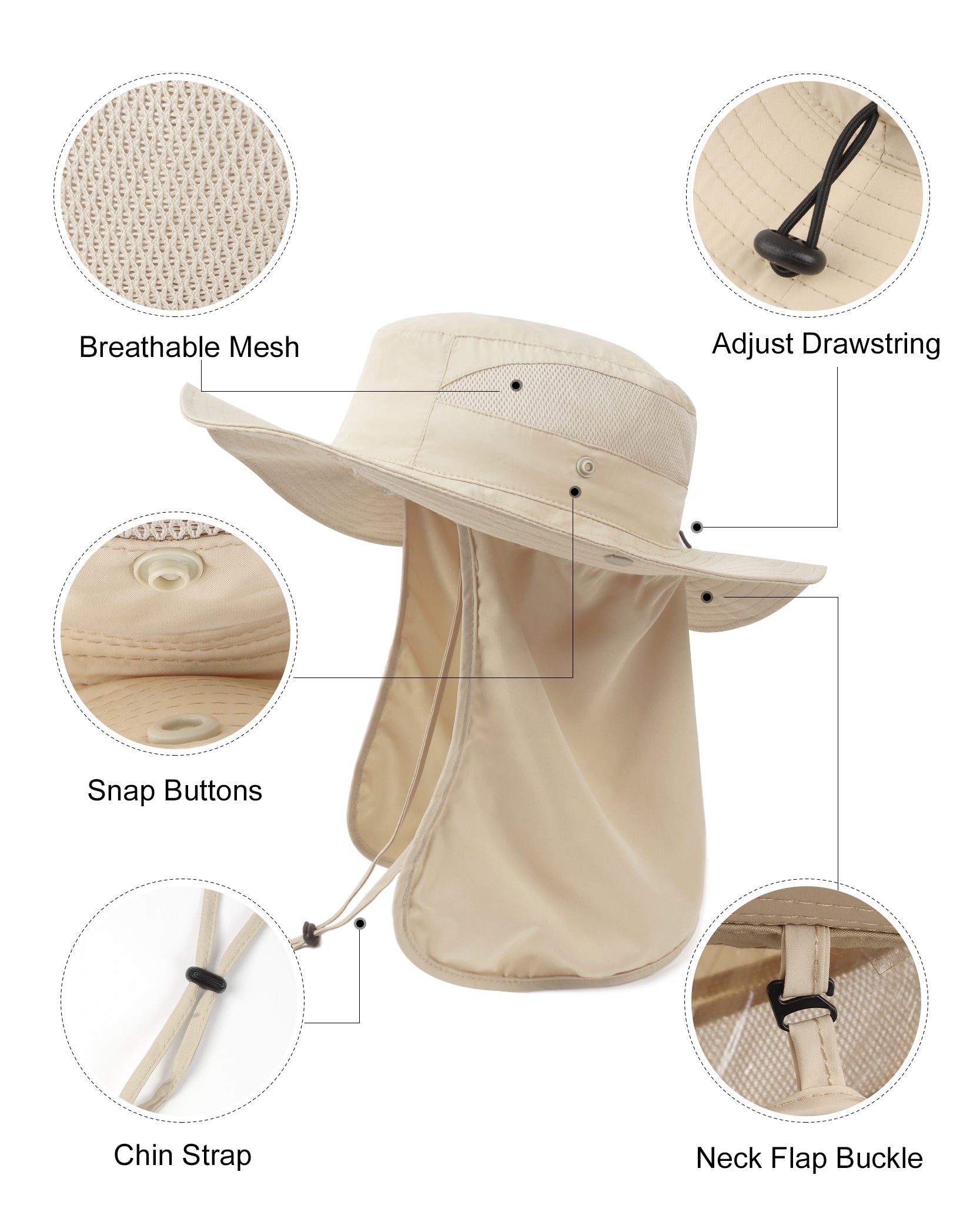  Khaki neck flap sun hat for big heads - side view with drawstring chin strap and adjustment details