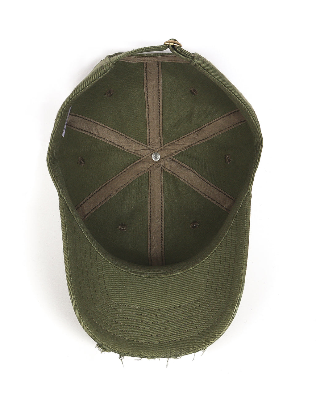 Distressed cotton baseball cap interior lining and construction detail