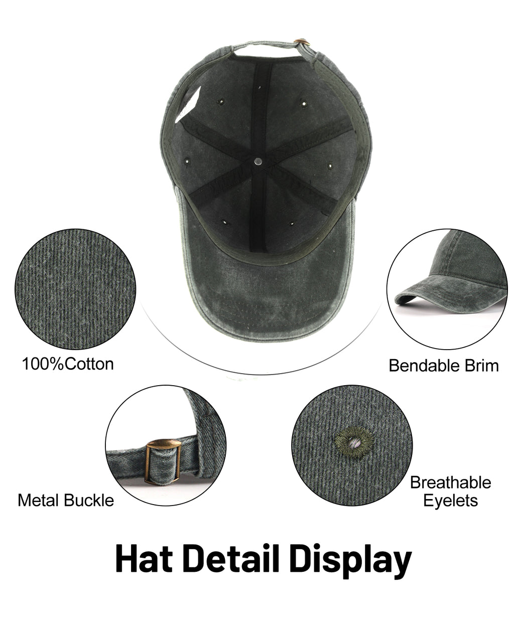 Army green washed denim baseball cap for big heads - interior sweatband detail