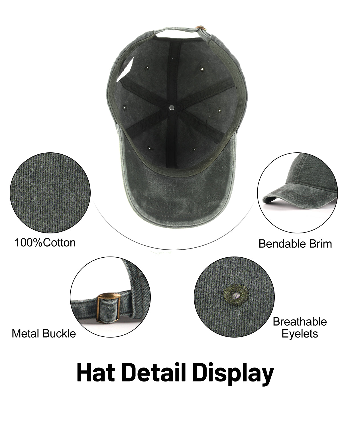 Army green washed denim baseball cap for big heads - interior sweatband detail