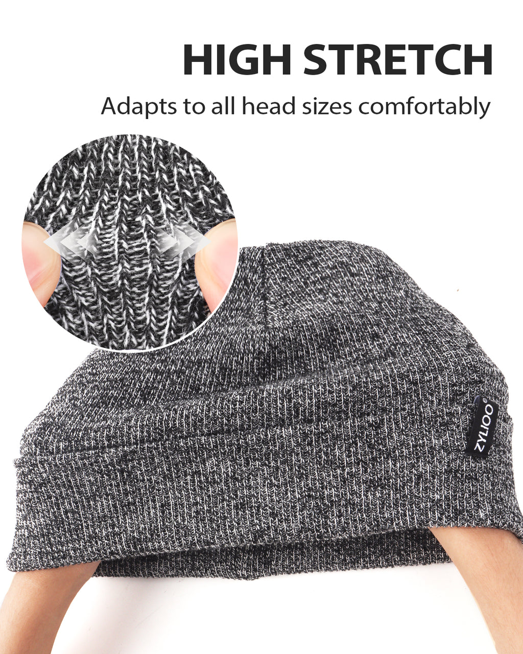 Mix gray ribbed knit beanie for big heads - stretchy ribbed fabric detail