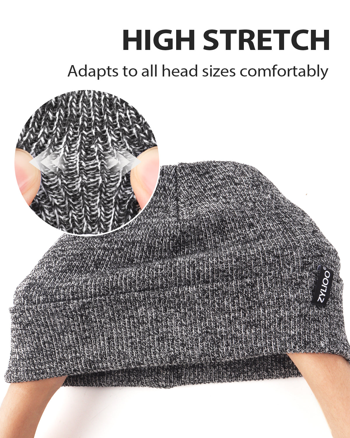 Mix gray ribbed knit beanie for big heads - stretchy ribbed fabric detail