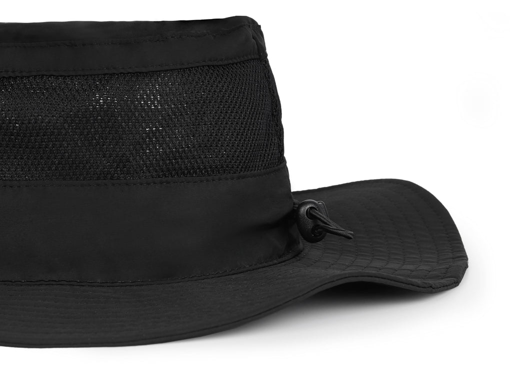 Black quick-dry boonie sun hat for big heads - adjustable drawstring detail