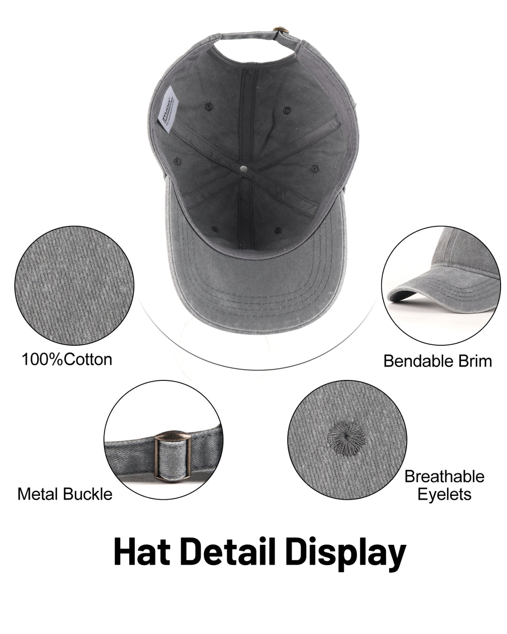 Gray washed denim baseball cap for big heads - interior sweatband detail