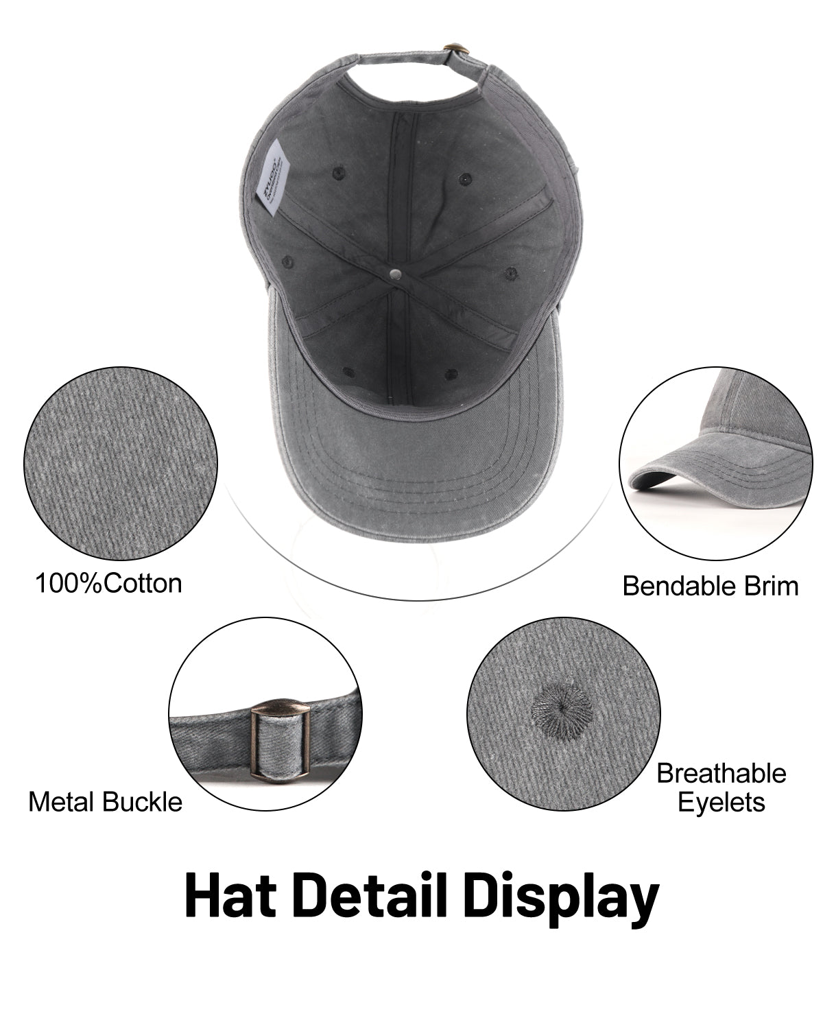 Gray washed denim baseball cap for big heads - interior sweatband detail