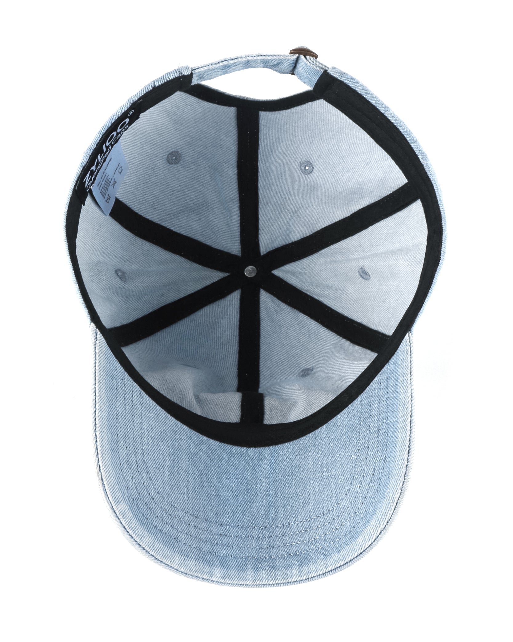 Light blue soft crown washed denim baseball cap for big heads - interior sweatband detail