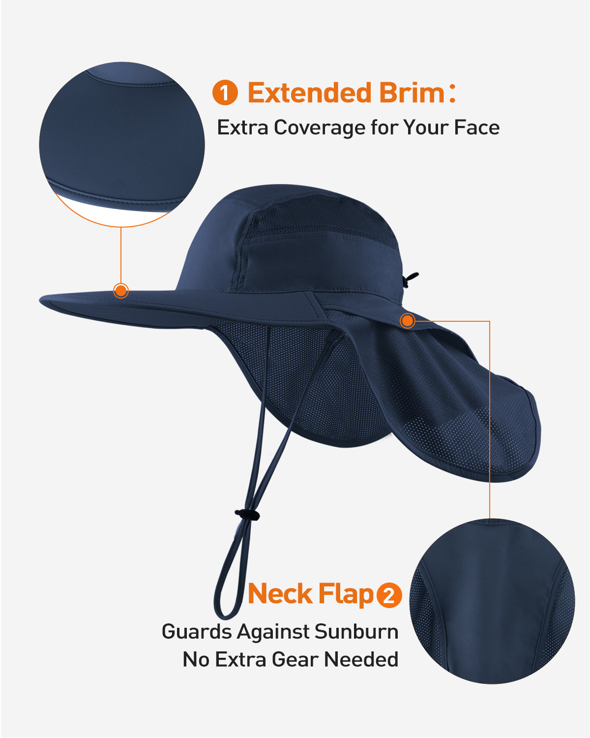 Navy blue sun hat with neck flap side view showing brim coverage