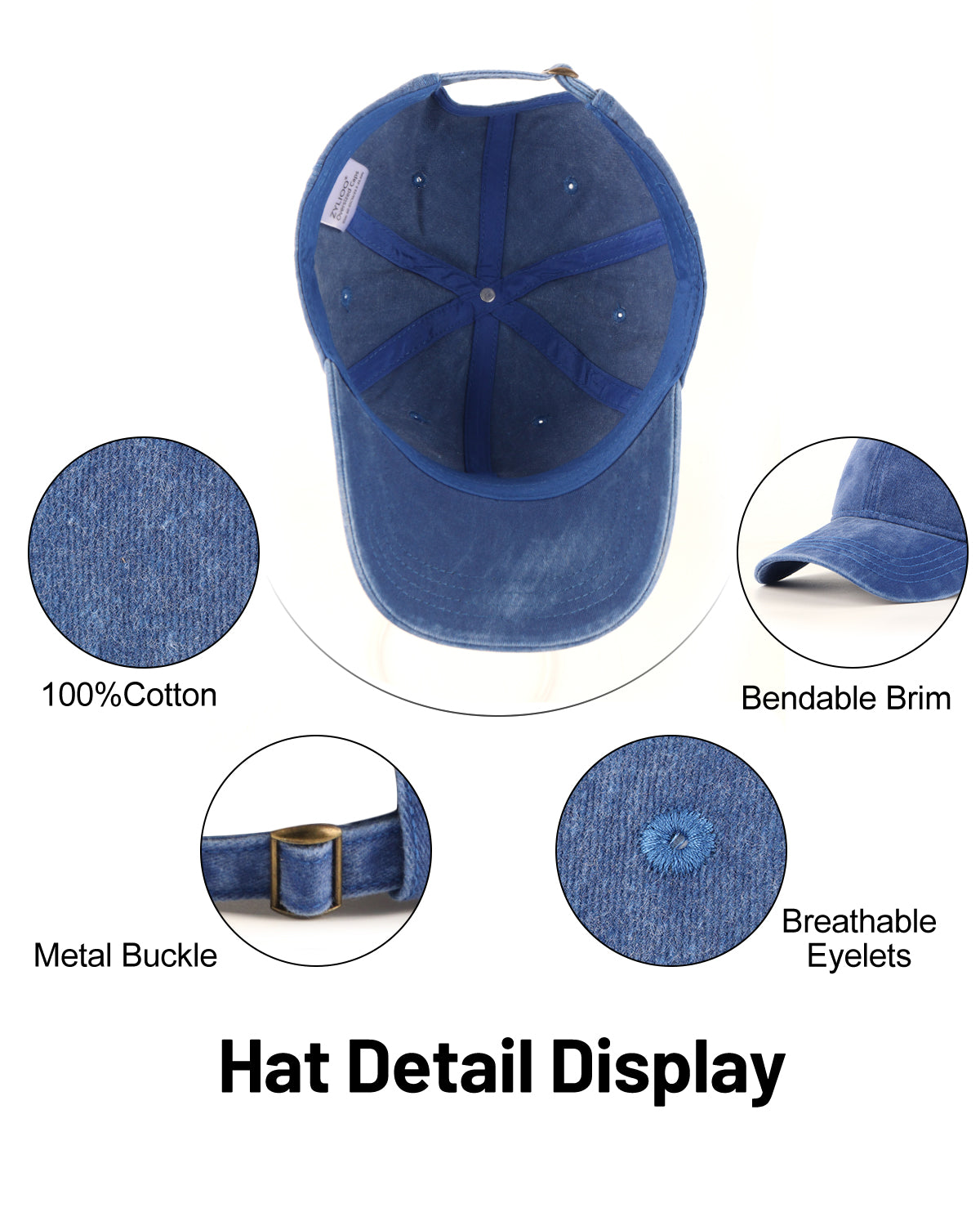 Blue washed denim baseball cap for big heads - interior sweatband detail