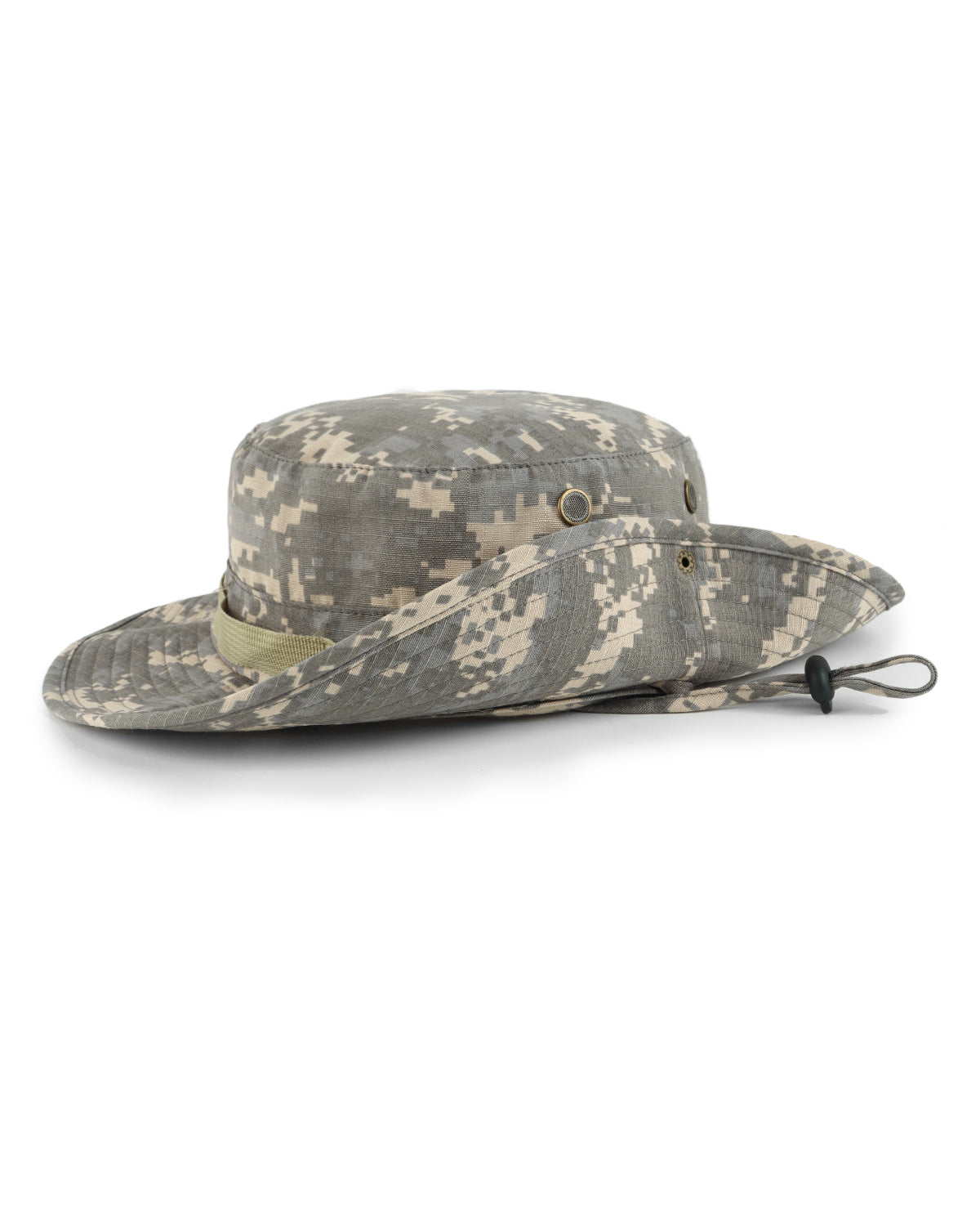 Gray tactical boonie sun hat for big heads - brim snap button detail