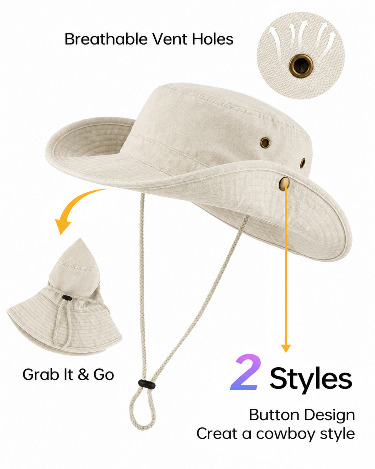 Gorro de sol tipo boonie lavado para cabezas grandes