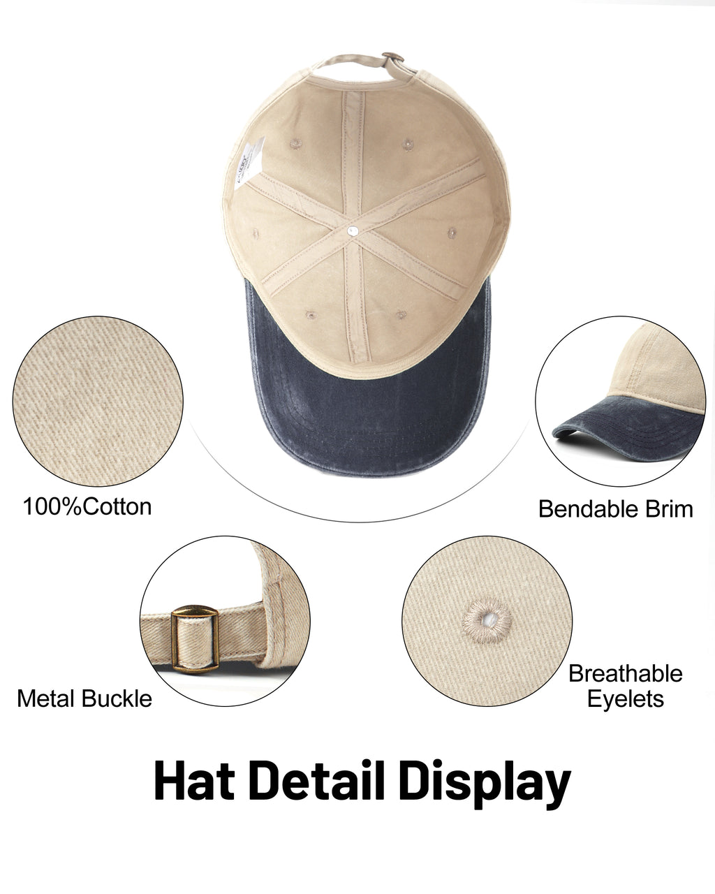 Beige navy two-tone washed low profile baseball cap for big heads - interior sweatband detail