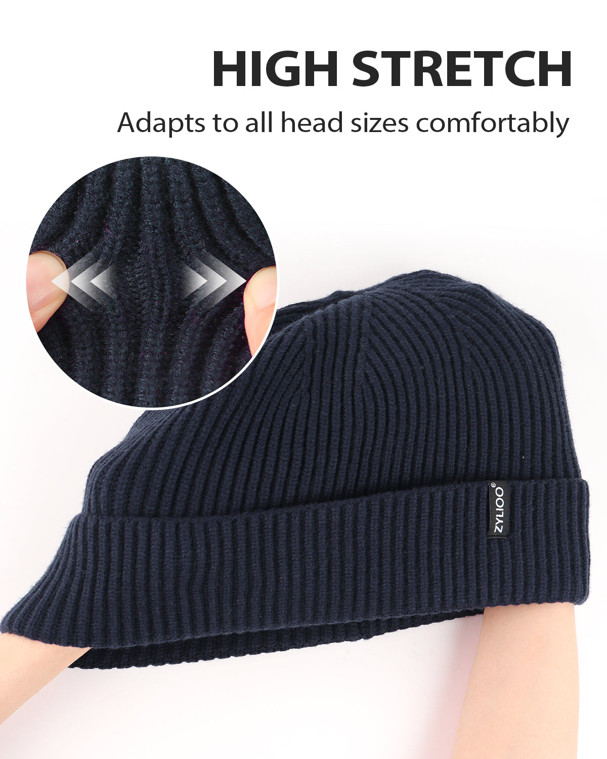 Navy ribbed knit beanie for big heads - stretchy ribbed fabric detail