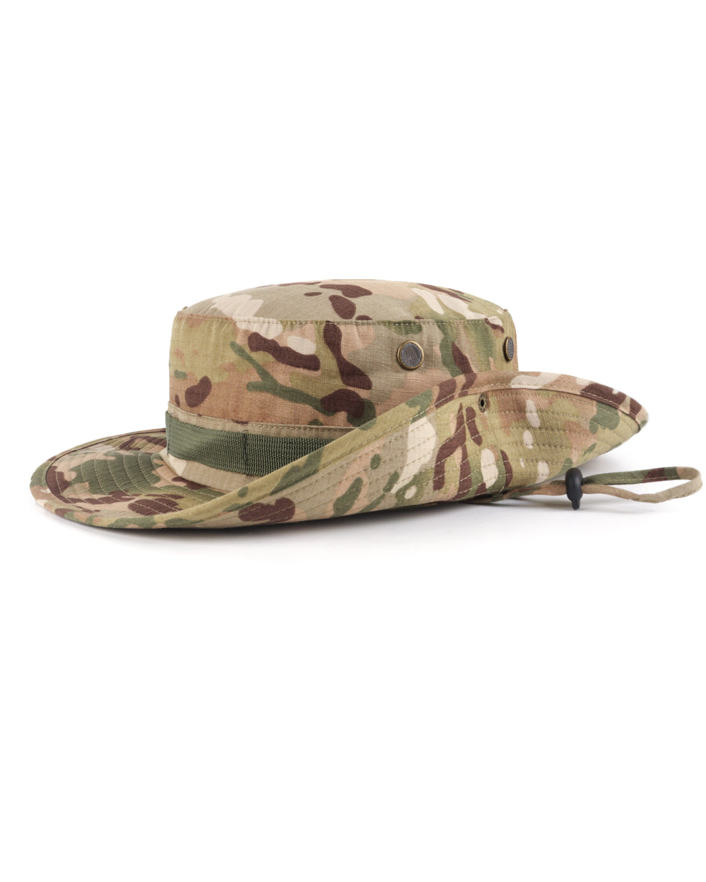 Khaki tactical boonie sun hat for big heads - brim snap button detail