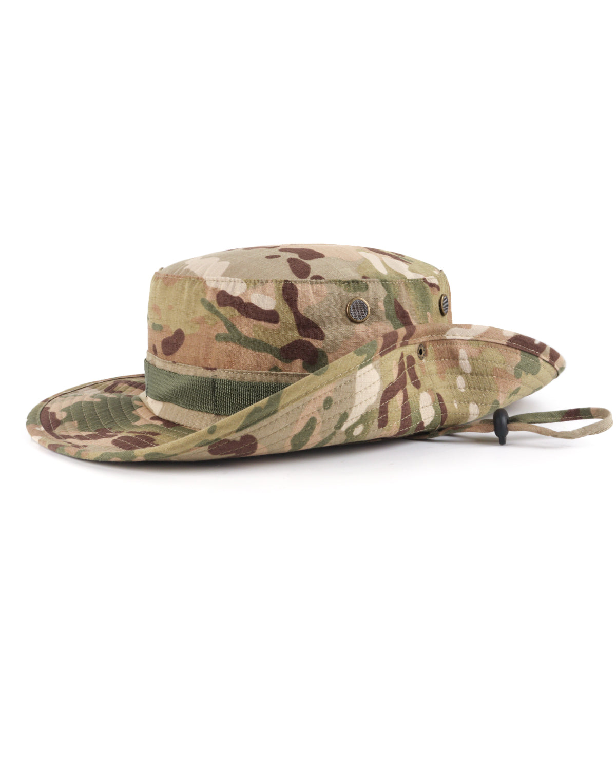 Khaki tactical boonie sun hat for big heads - brim snap button detail