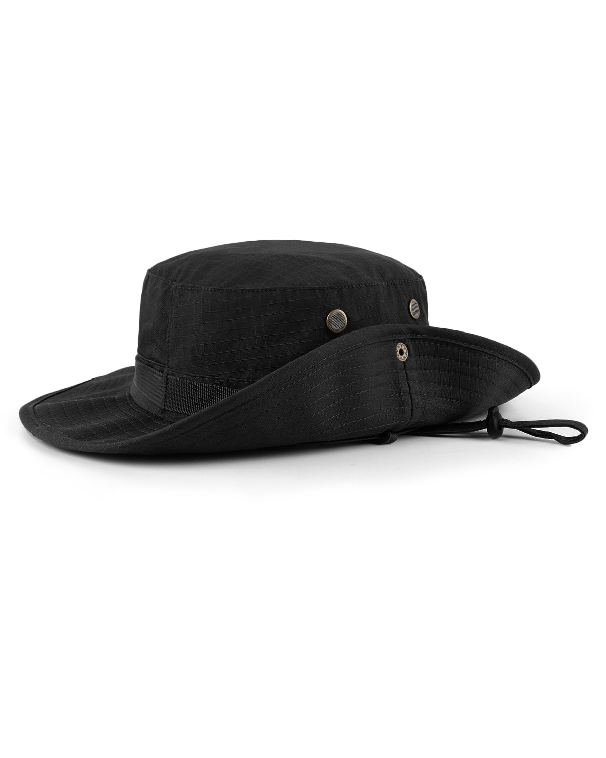 Black tactical boonie sun hat for big heads - brim snap button detail