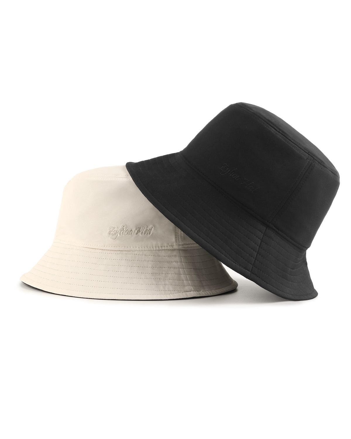 Reversible floral bucket hat stitching and fabric detail in beige