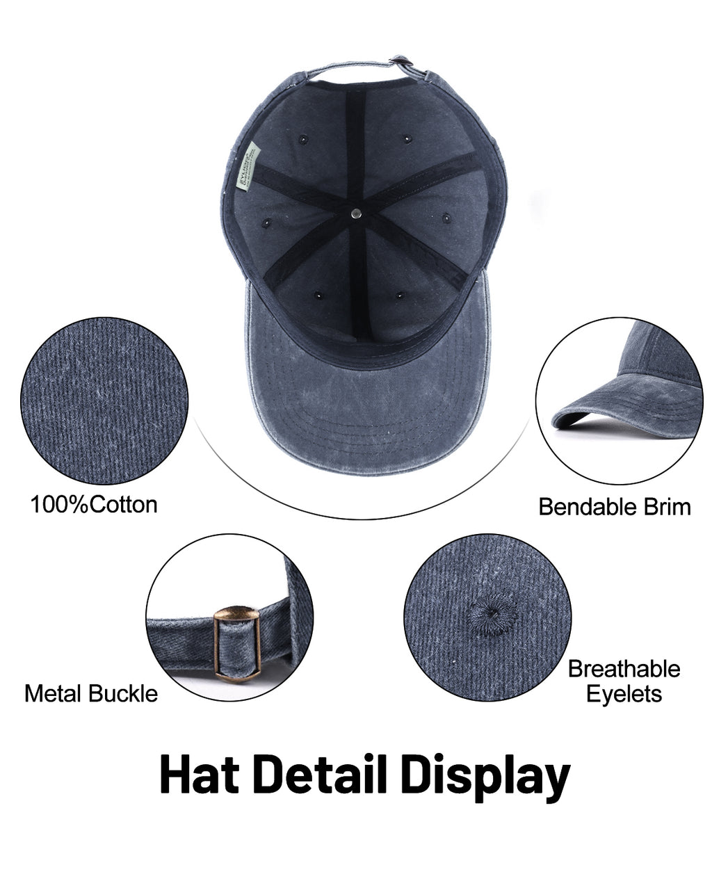 Navy blue washed denim baseball cap for big heads - interior sweatband detail