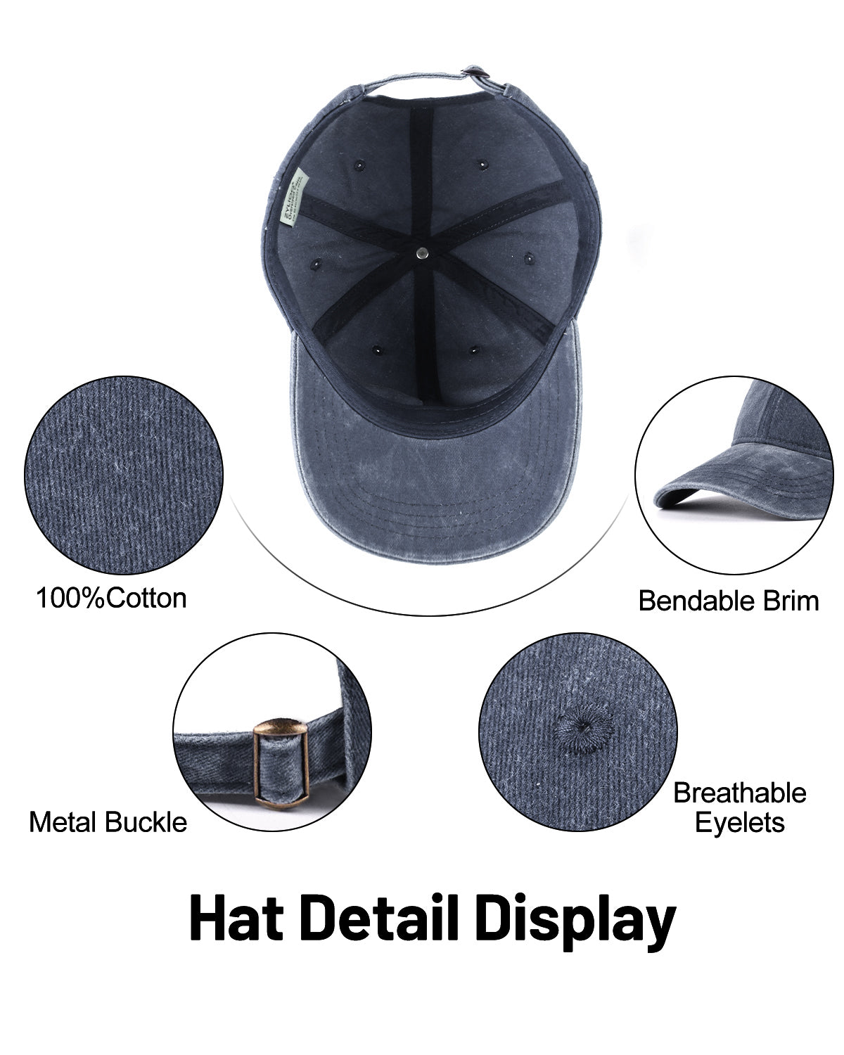 Navy blue washed denim baseball cap for big heads - interior sweatband detail