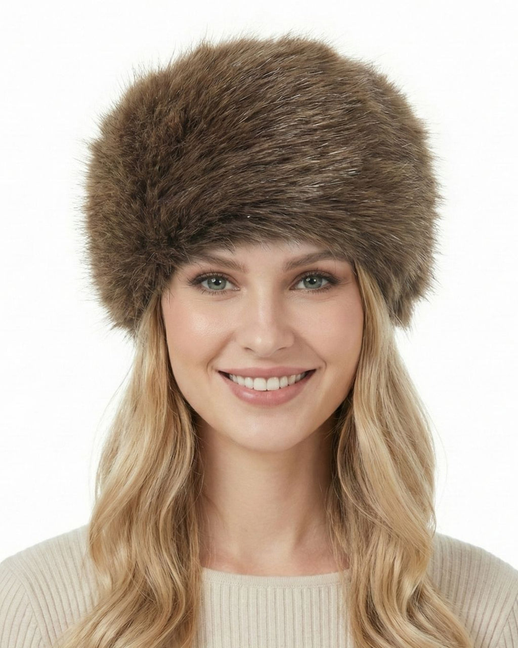 Brown faux fur cossack hat for big heads - on model lifestyle photo