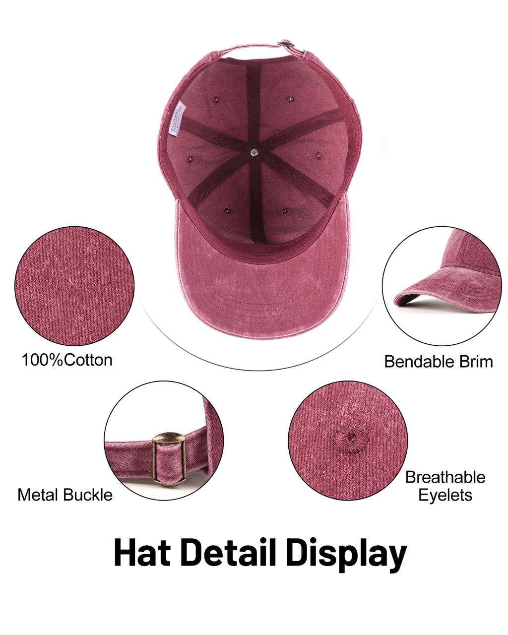 Wine red washed denim baseball cap for big heads - interior sweatband detail