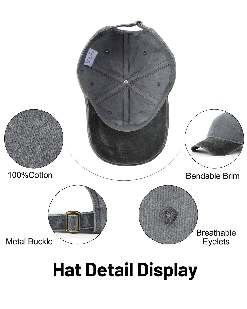 Gray black two-tone washed low profile baseball cap for big heads - interior sweatband detail