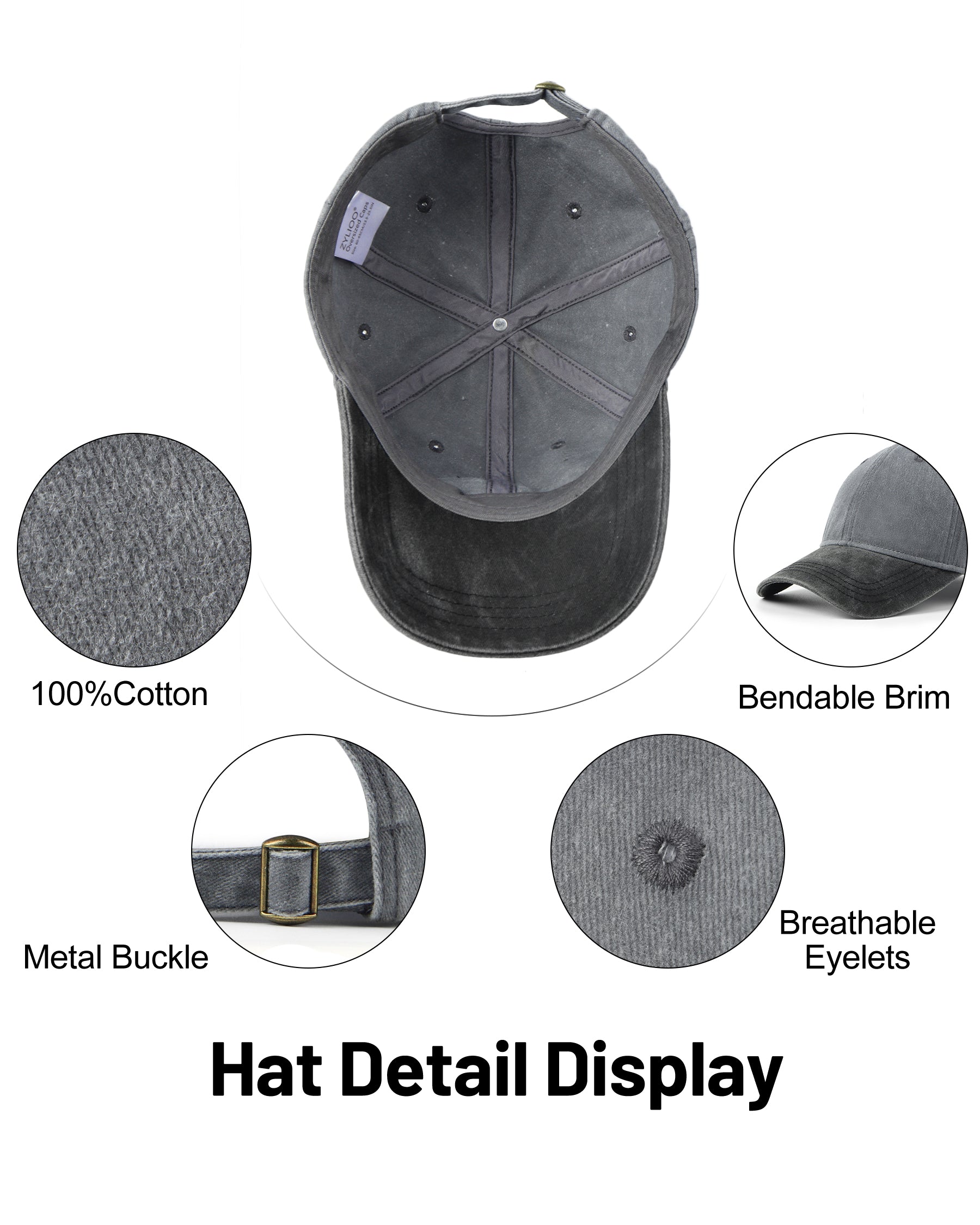 Gray black two-tone washed low profile baseball cap for big heads - interior sweatband detail