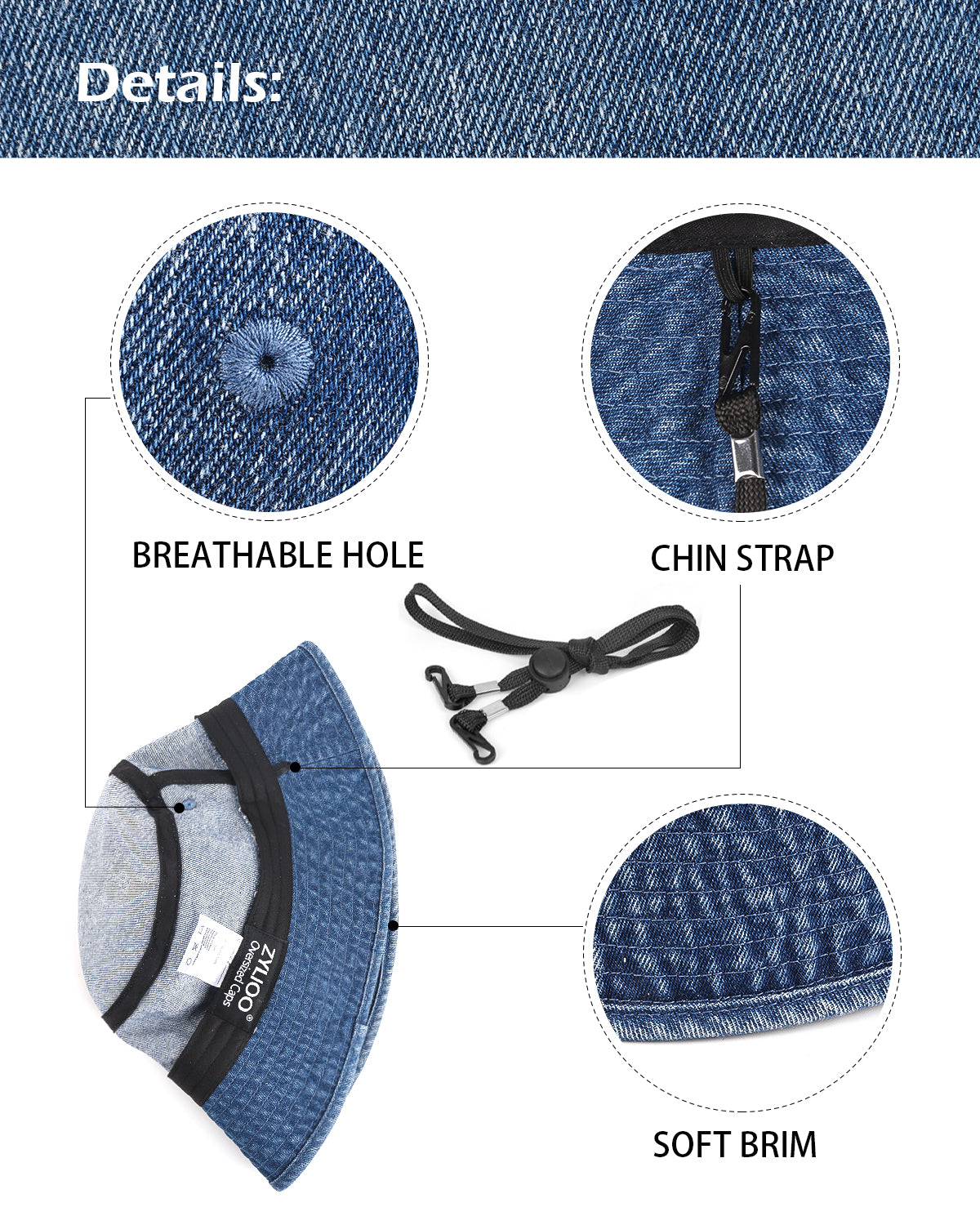 Washed denim bucket hat interior lining and construction detail in blue