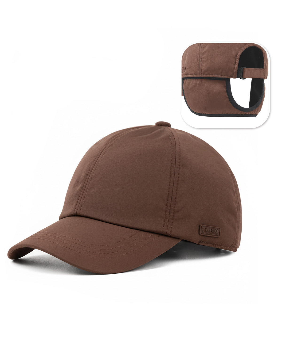 Brown thermal baseball cap with ear flaps for big heads front view