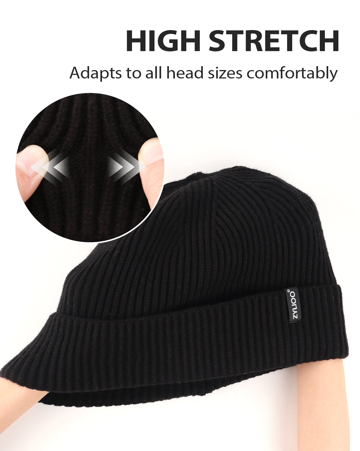 Black ribbed knit beanie for big heads - stretchy ribbed fabric detail