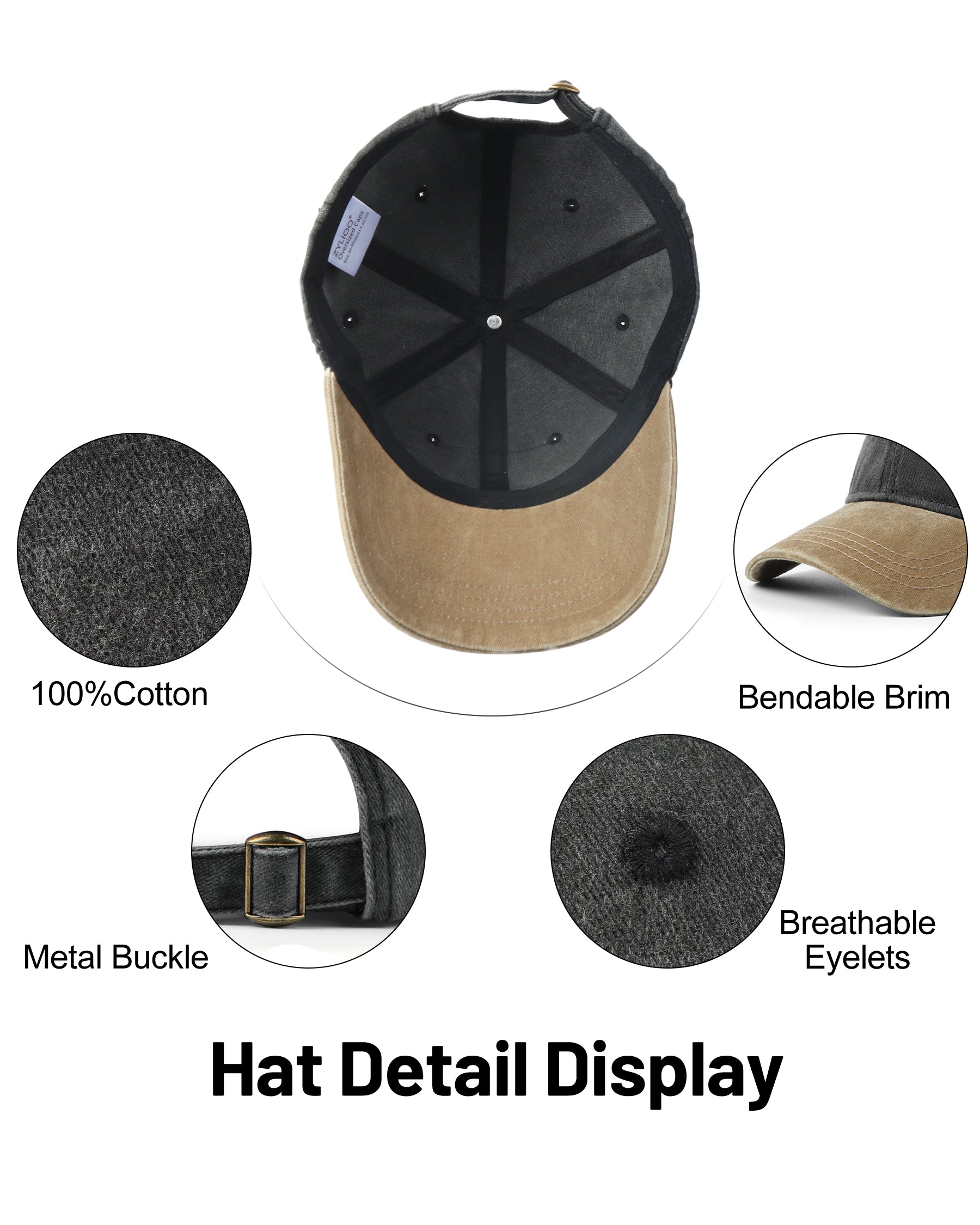 Gray black two-tone washed low profile baseball cap for big heads - interior sweatband detail