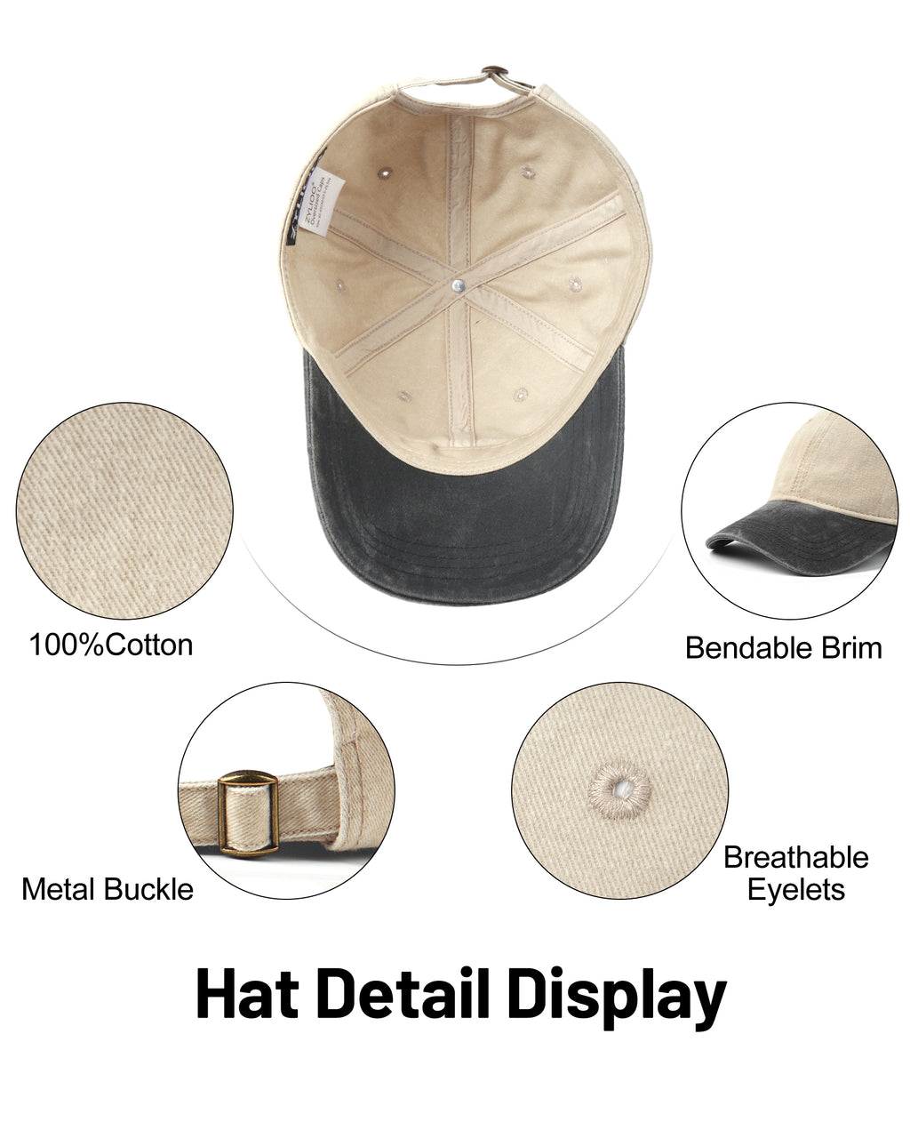 Black khaki two-tone washed low profile baseball cap for big heads - interior sweatband detail