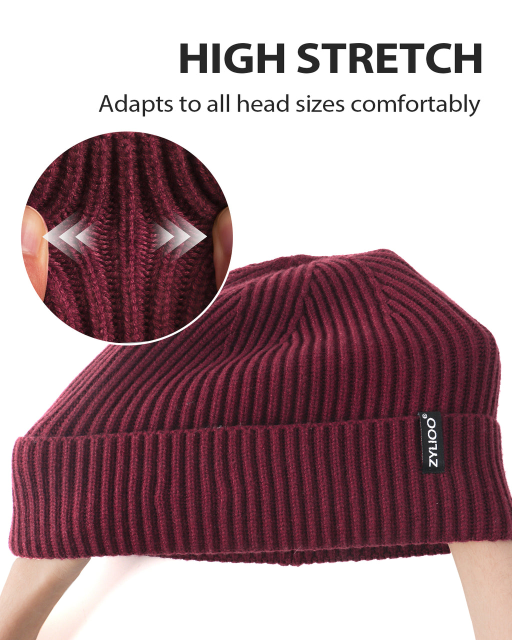 Maroon ribbed knit beanie for big heads - stretchy ribbed fabric detail