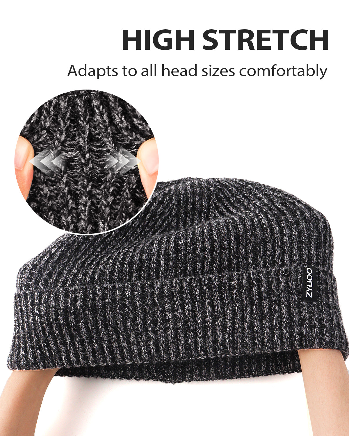 Mix black ribbed knit beanie for big heads - stretchy ribbed fabric detail