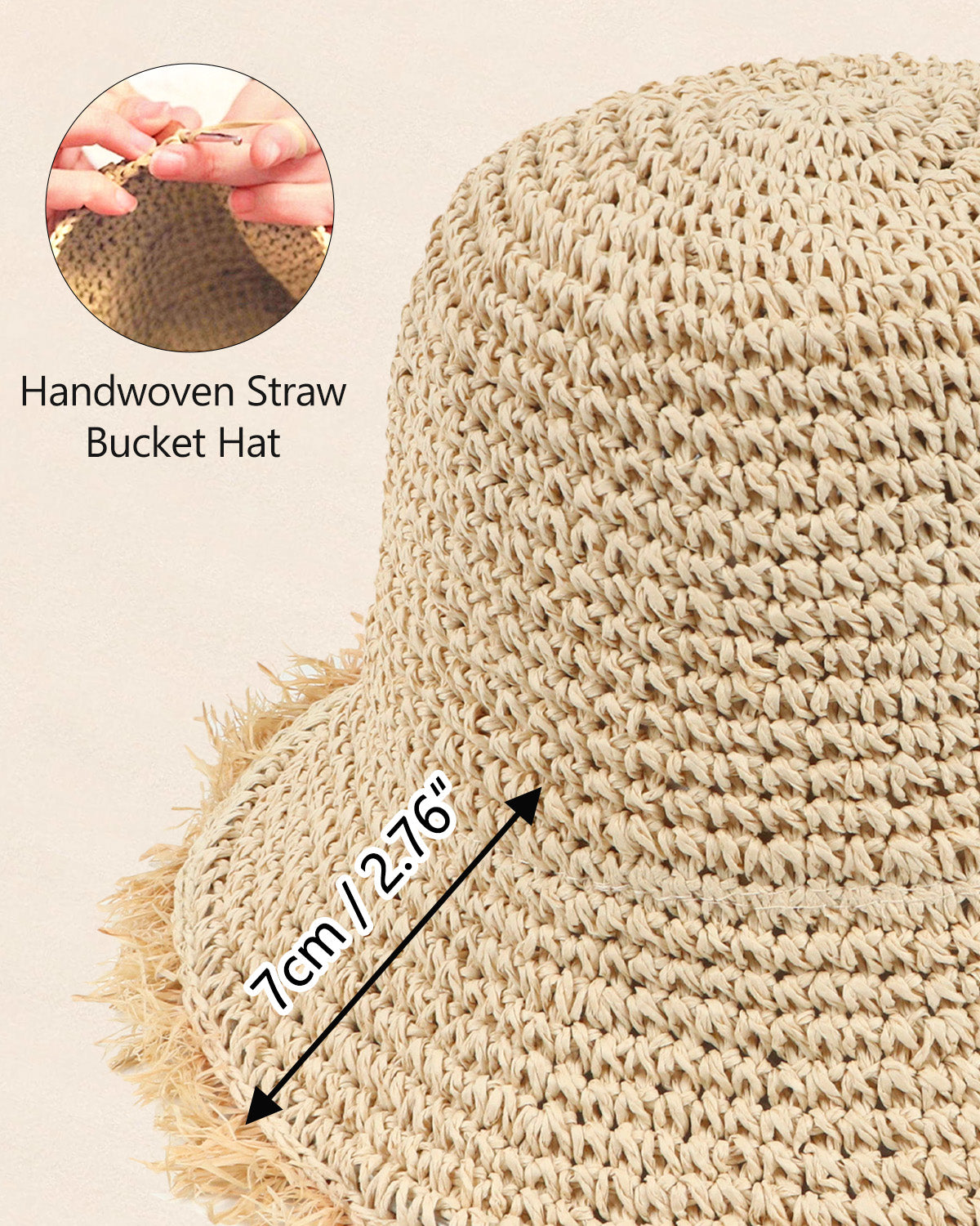 Beige straw bucket hat for big heads - brim edge weave detail