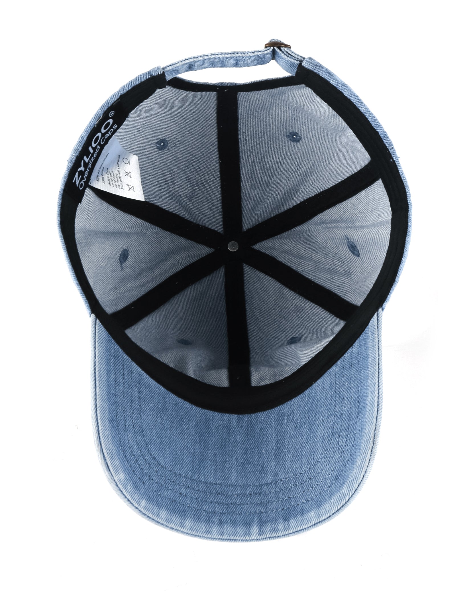 Blue soft crown washed denim baseball cap for big heads - interior sweatband detail