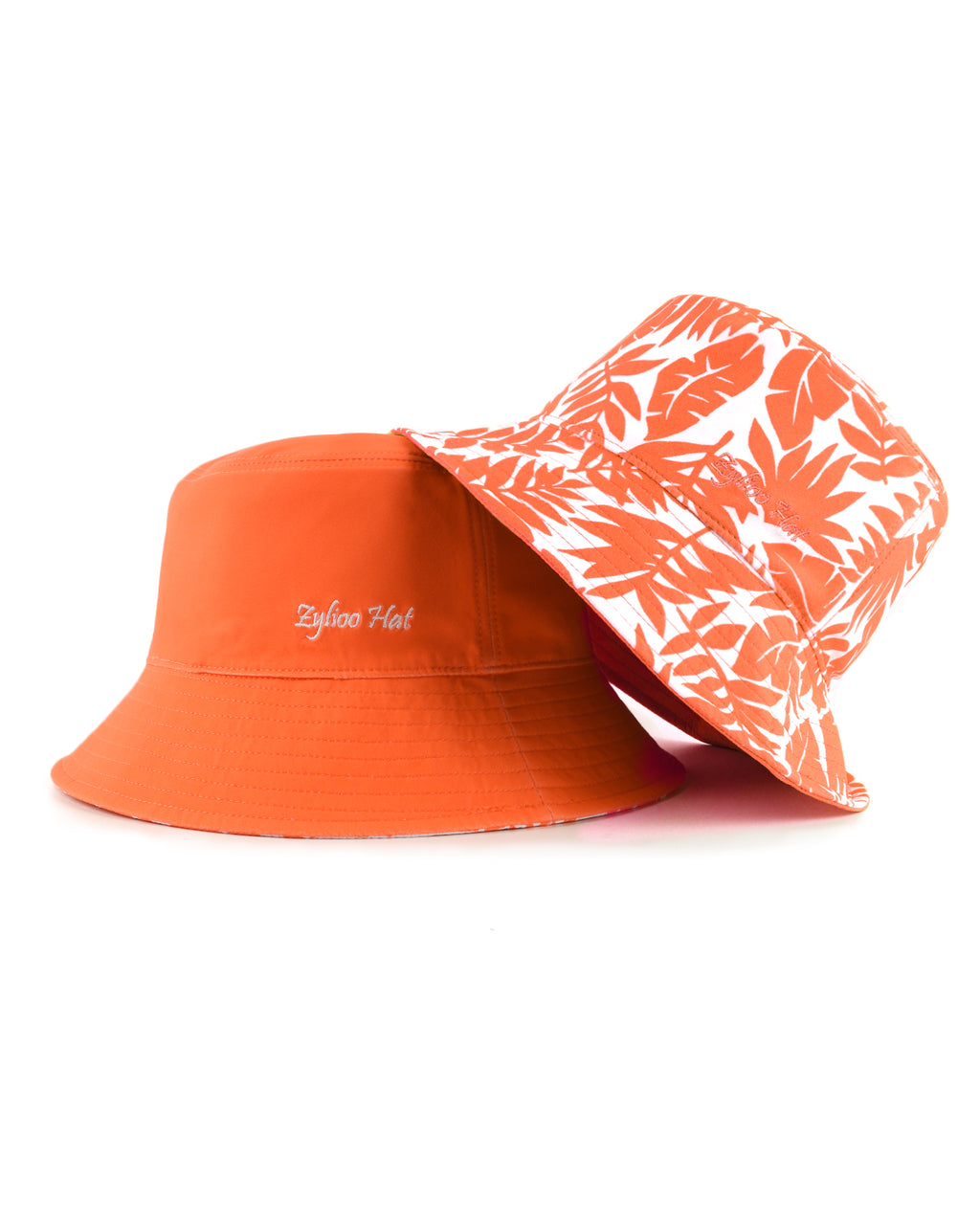 Reversible floral bucket hat stitching and fabric detail in orange