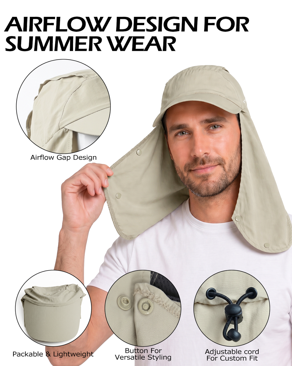 Quick-Dry Sun Hat with Neck Flap for Big Heads