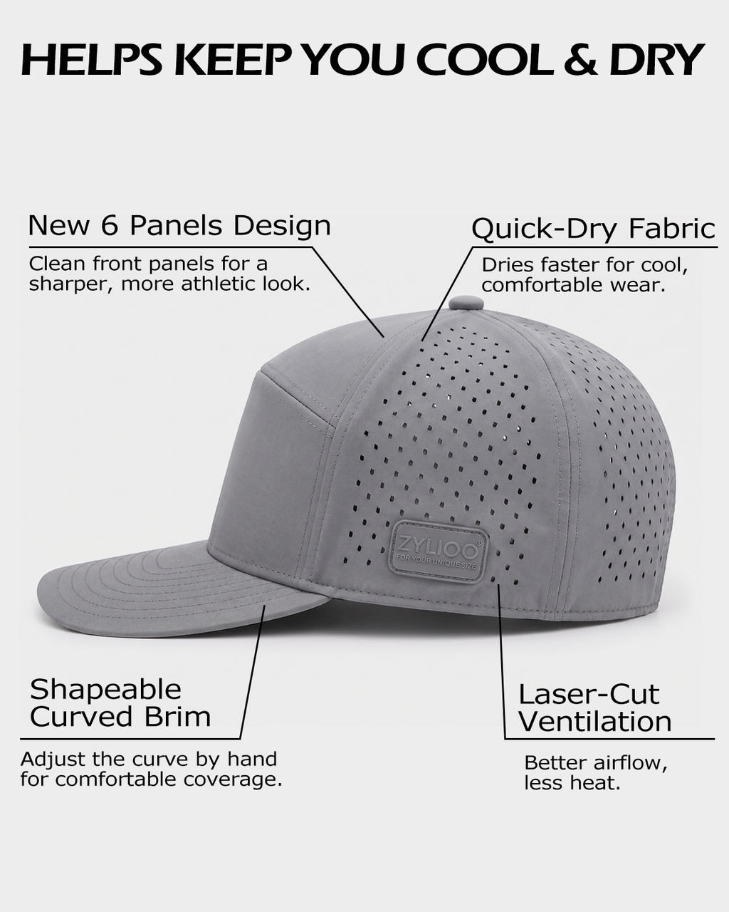 Gorra de 6 paneles con perforaciones láser para cabezas grandes