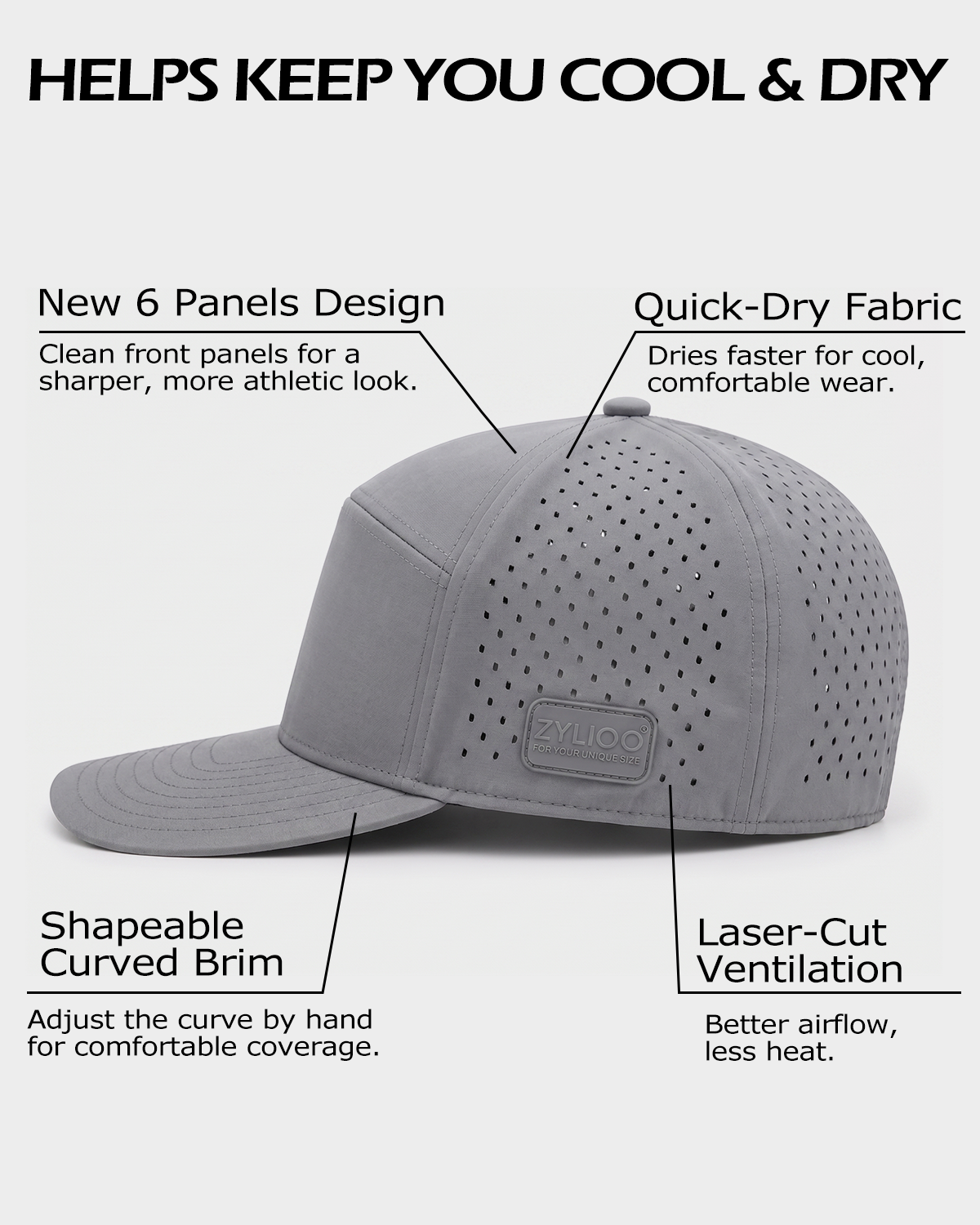 Gorra de 6 paneles con perforaciones láser para cabezas grandes